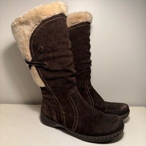 St. John’s Bay Boots Brown Suede Faux Fur Womens Size 10 Lined Side Zip Vintage